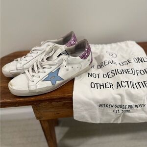 Golden Goose White Sneakers with Pink Glitter Heel Tabs